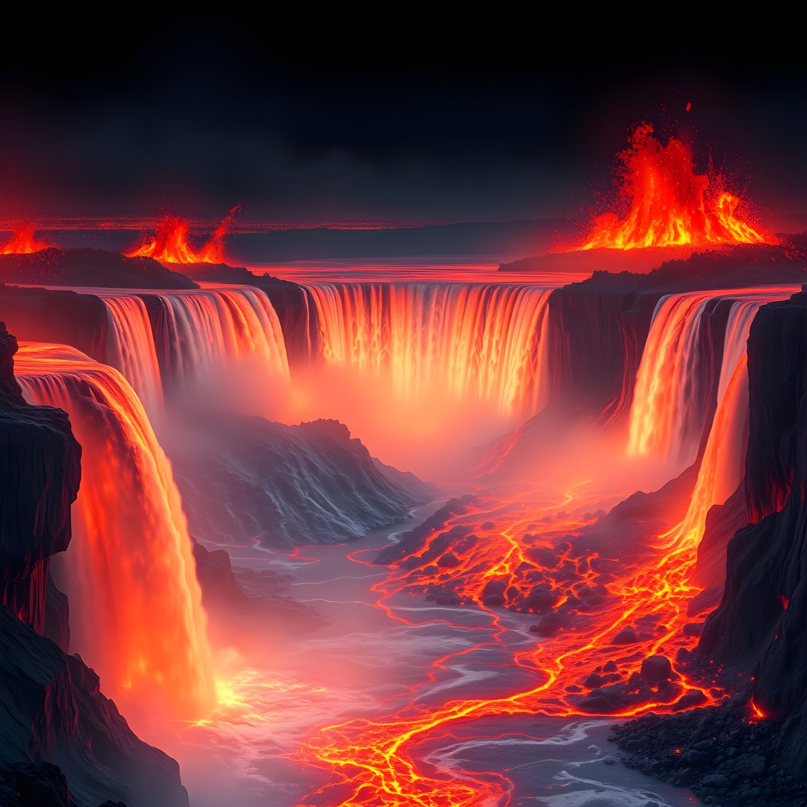Niagra falls, replace waterfall and all lake water with red hot glowing molten lava
  by @undefined