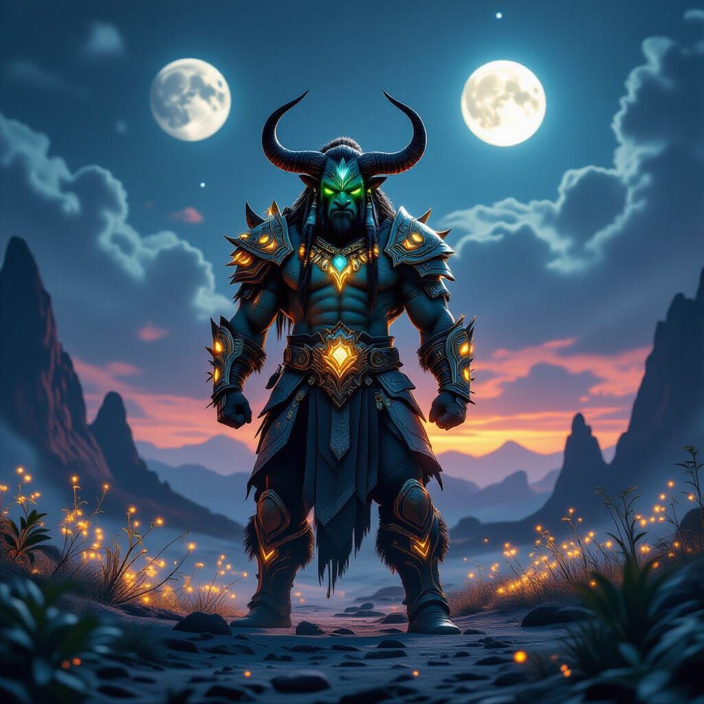 A majestic Tauren warrior, adorned in ornate, glowing tribal armor, stands defiantly on a windswept alien planet under a sky filled with twi...