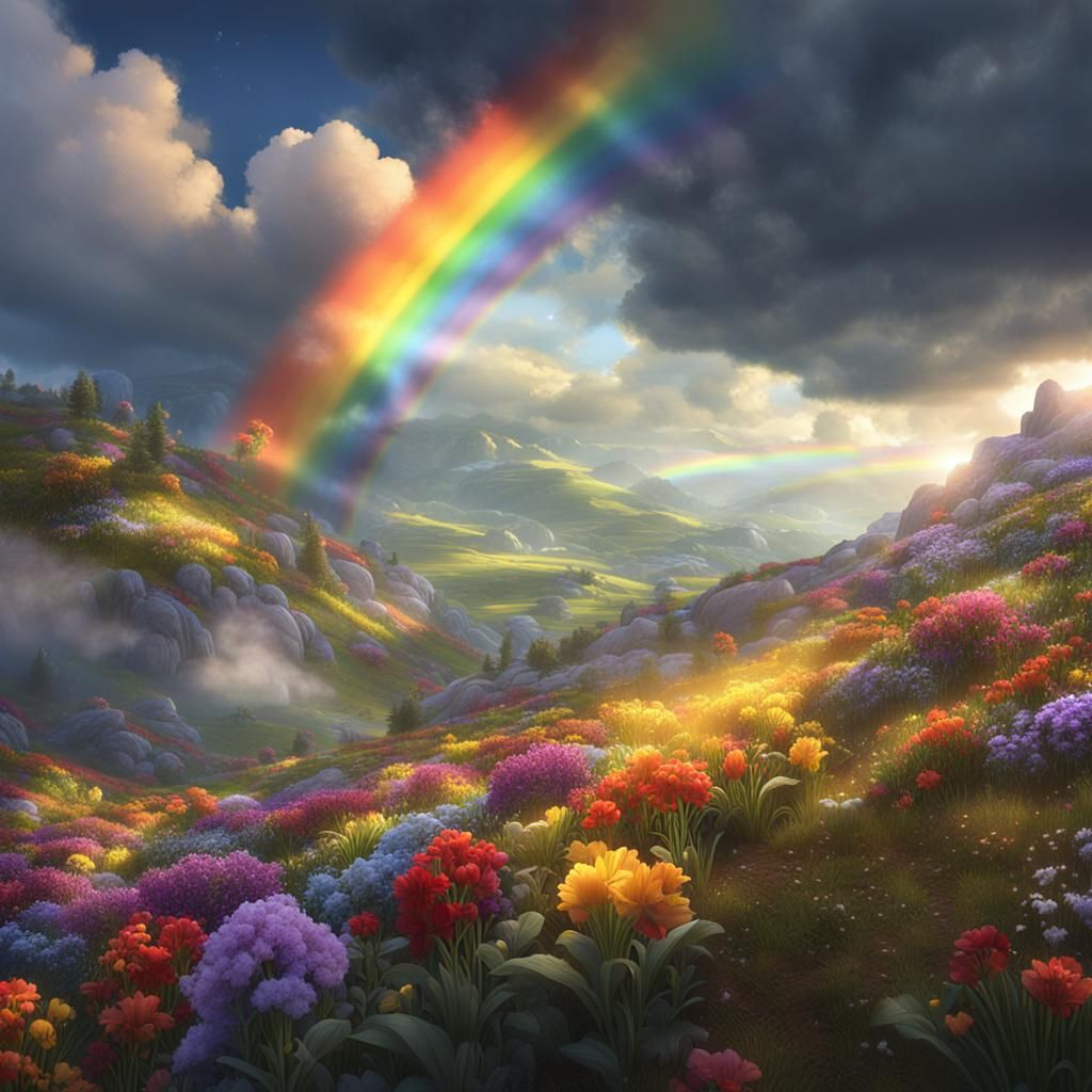 Rain and snow mixed with clouds and the sun shining. Rainbow with bright beautiful colors shining on ...  by @Melissa Fischer