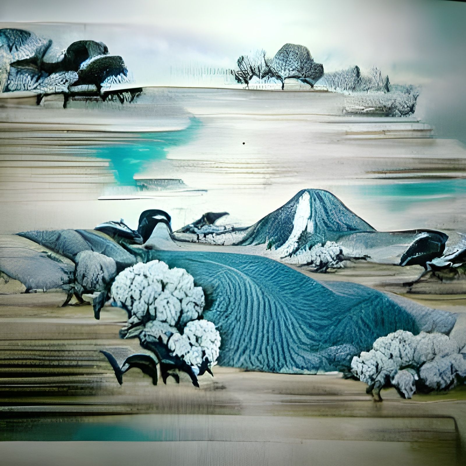 Colorless teal landscape painting by Katsushika Hokusai