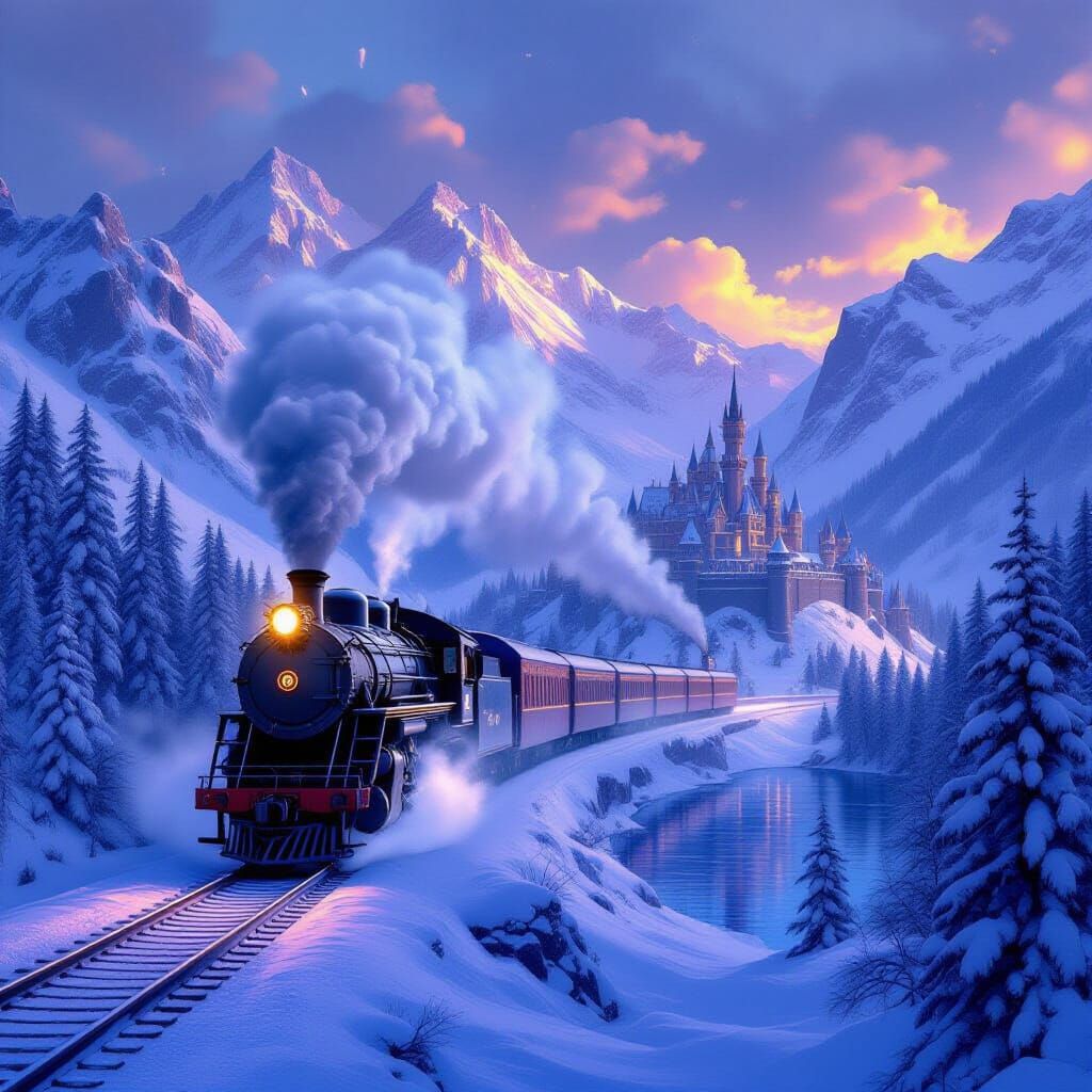 magic of a train traveling through a snowy landscape. mountains and castle in the distance surrounded ...  by @Gothicfantasy