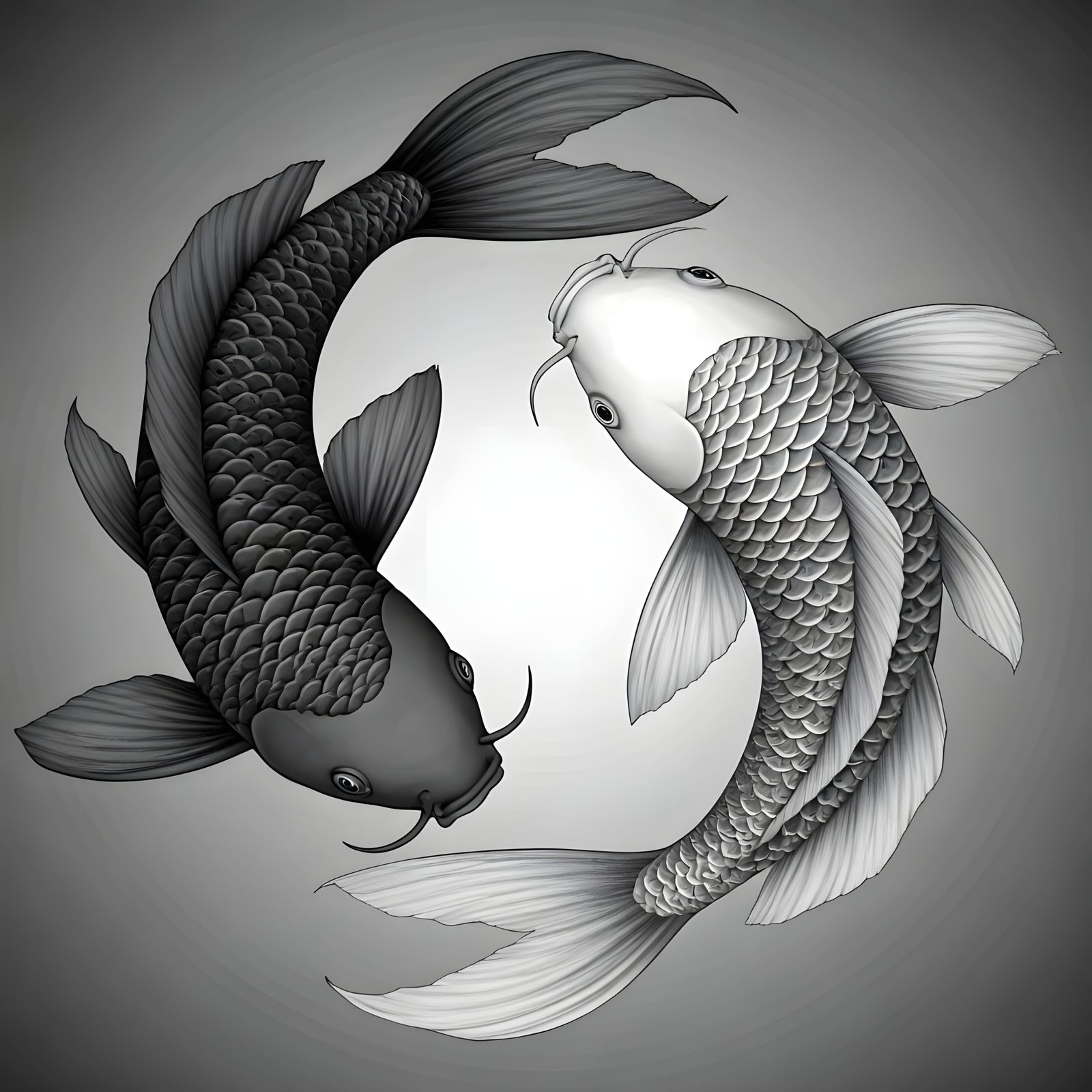 Yin Yang Koi Fish Pencil Drawing in Black and White