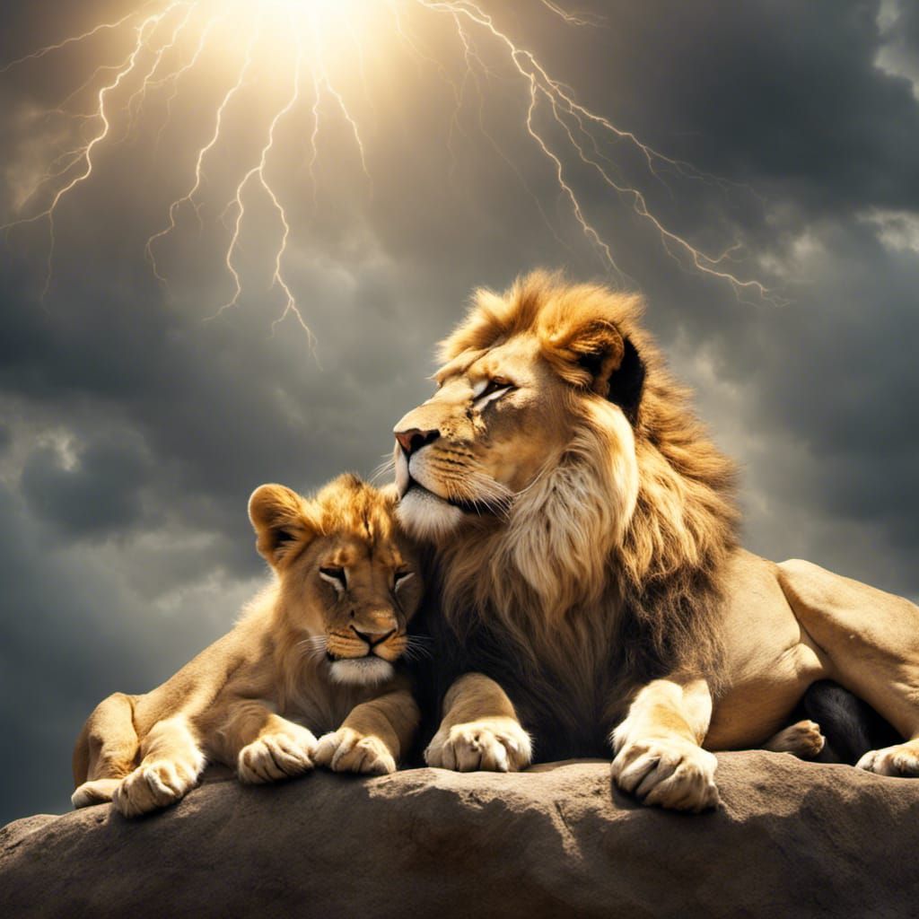 Lions during a hurricane, sleeping, protecting the youngest
