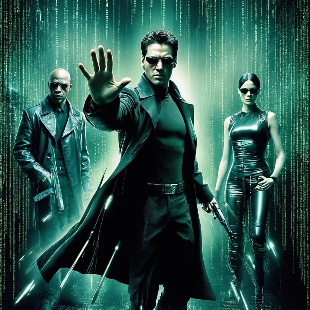 A sleek, high-tech movie poster for The Matrix. The central ...