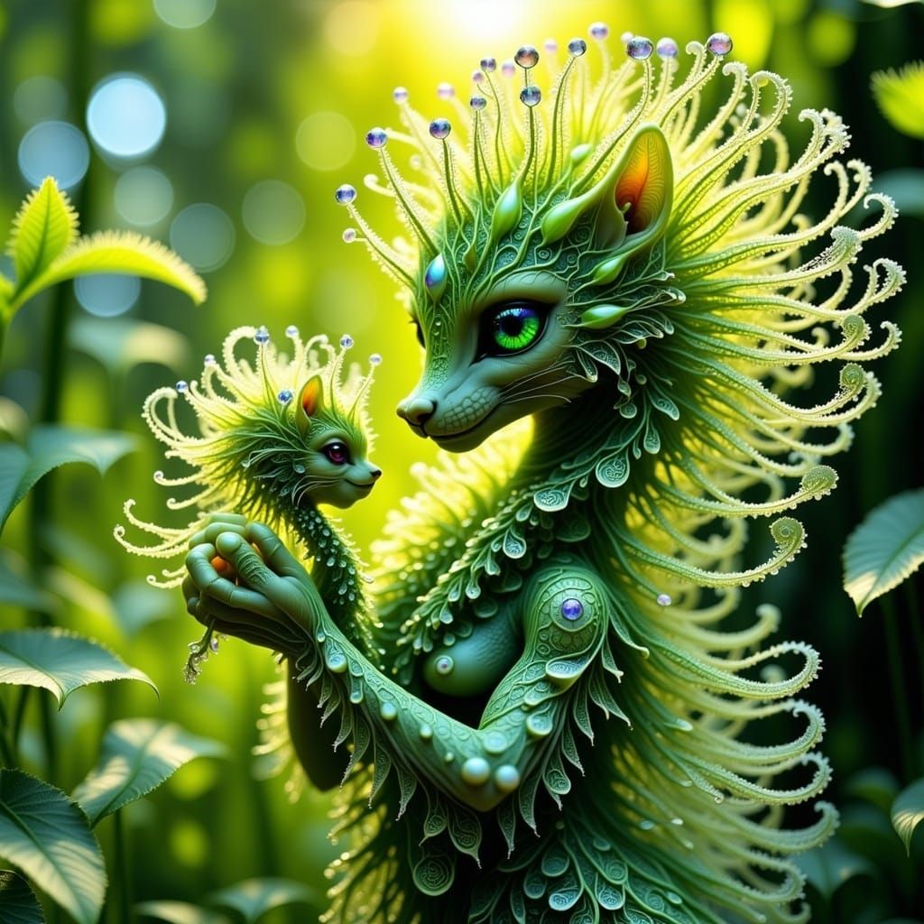 <lora:Intricacy Vibe:1.0> Exquisitely beautiful crystals pearls gems intricate light greens MOTHER cat bejeweled crystals filigree backlit l...