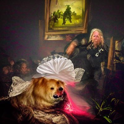 Dog the bounty hunter in a Victorian dress volumetric lighti...
