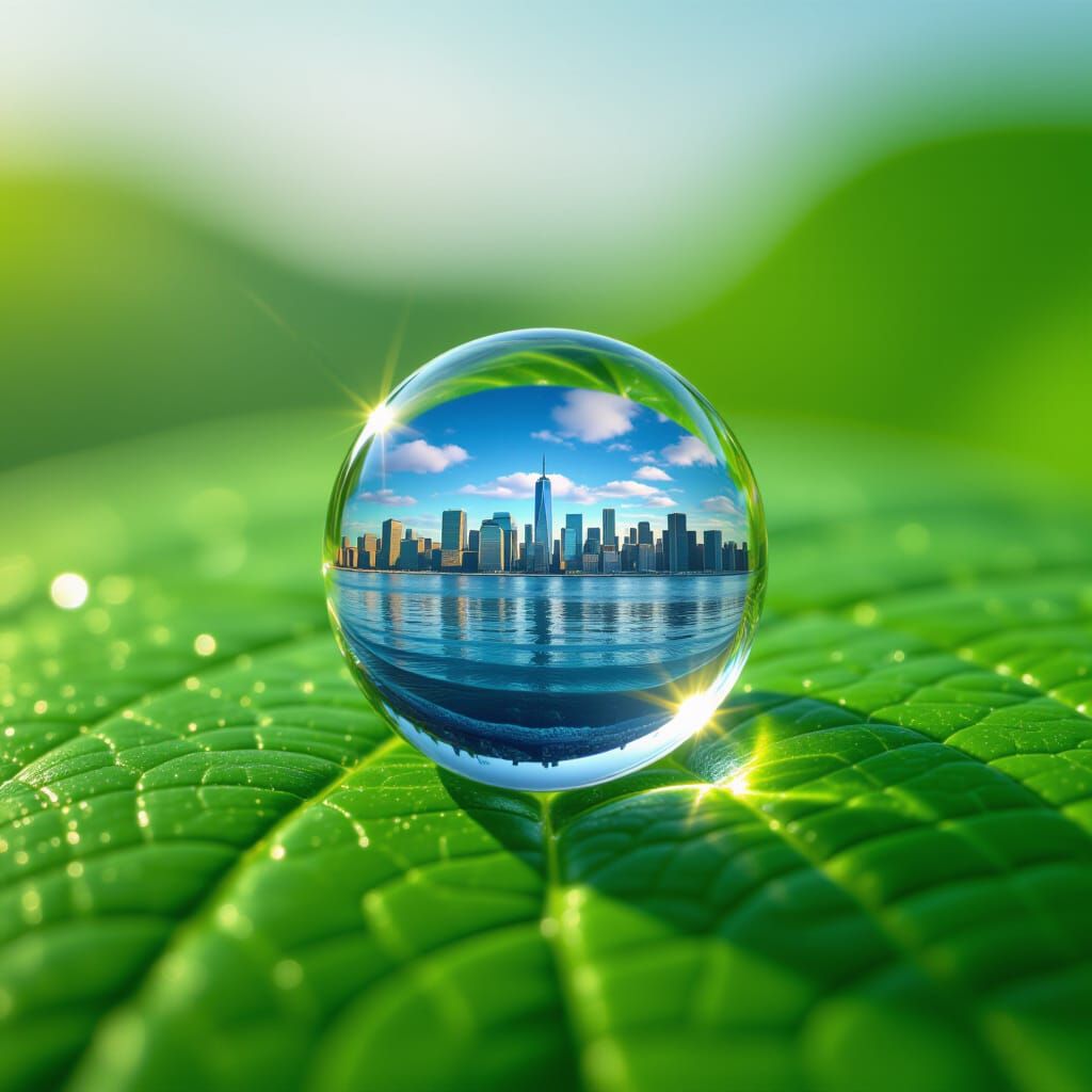 Water Droplet Micro-Universe Reflected on Green Leaf