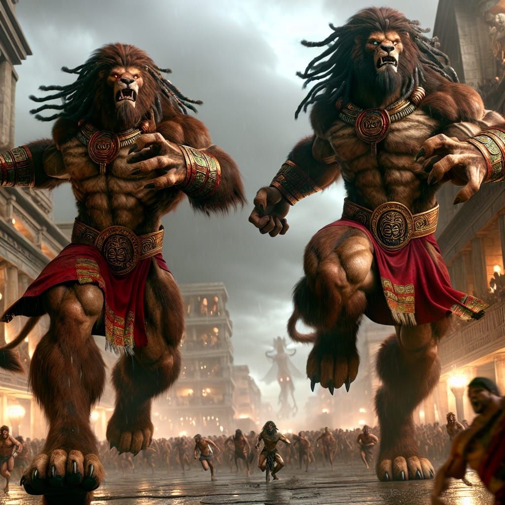 Werelion and tribe celebrating after defeating a world endin...