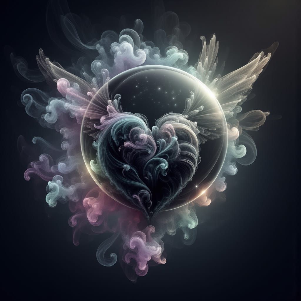 Ethereal Heart in Shimmering Sphere, Winged Cosmos