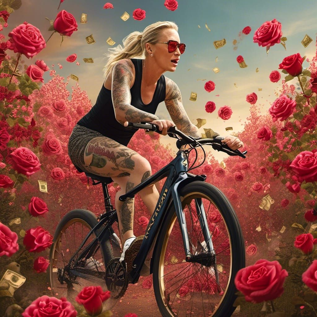 <lora:Rosie face:1.0> workout women bike roses money sweaty