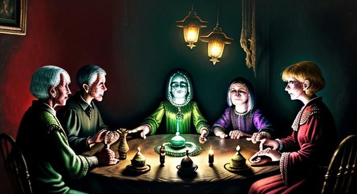 five people in a dimly lit old fashioned room sitting around...