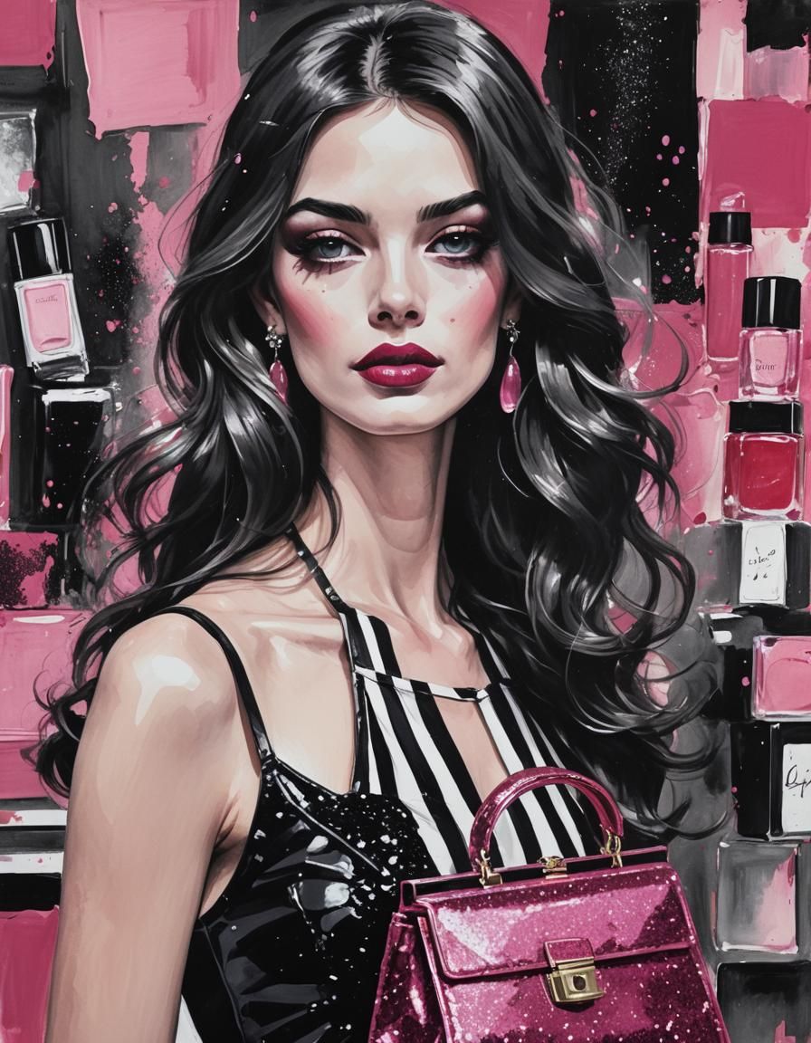 black and white stripes glamorous  dark pink glitter shiny f...