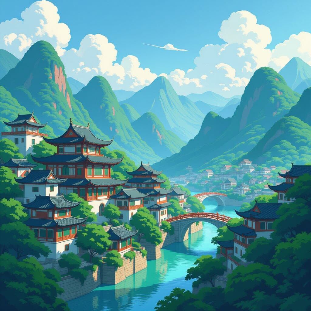 Utopian Village Inspired by Hayao Miyazaki, Syd Mead