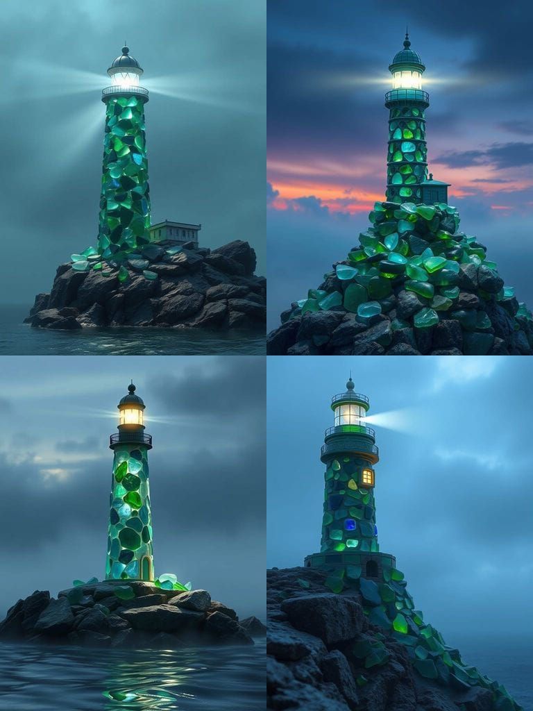 A majestic lighthouse constructed entirely from smooth, wave-tumbled sea glass in shades of emerald, sapphire, and aquam...