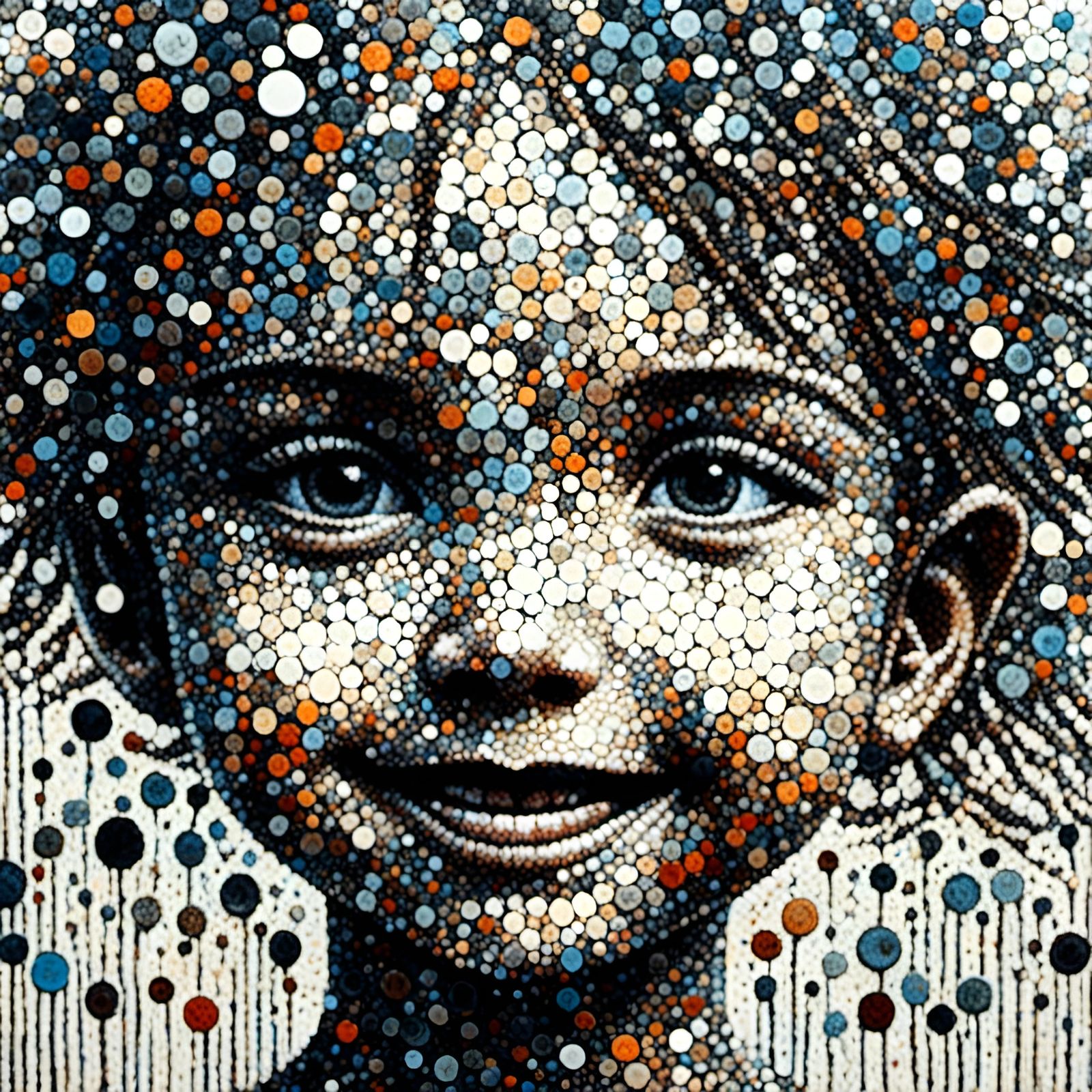 <lora:G-Mosaic:1.0> the smile of innocence, acrylic dots, monochrome 