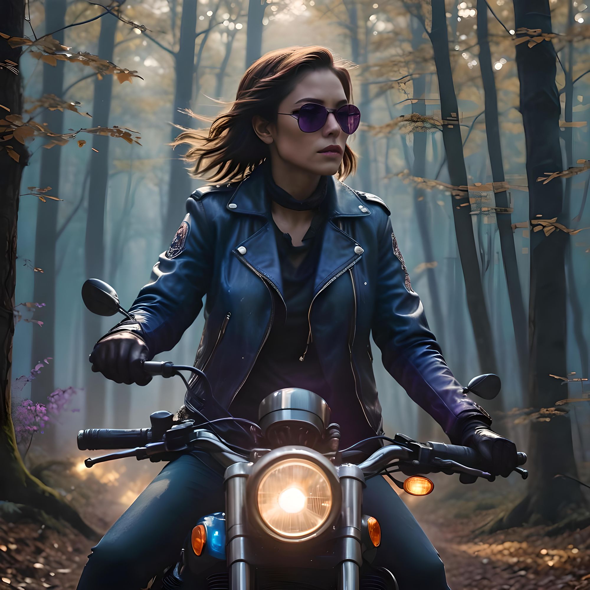 Show beautiful woman with dark shades riding a motorcycle