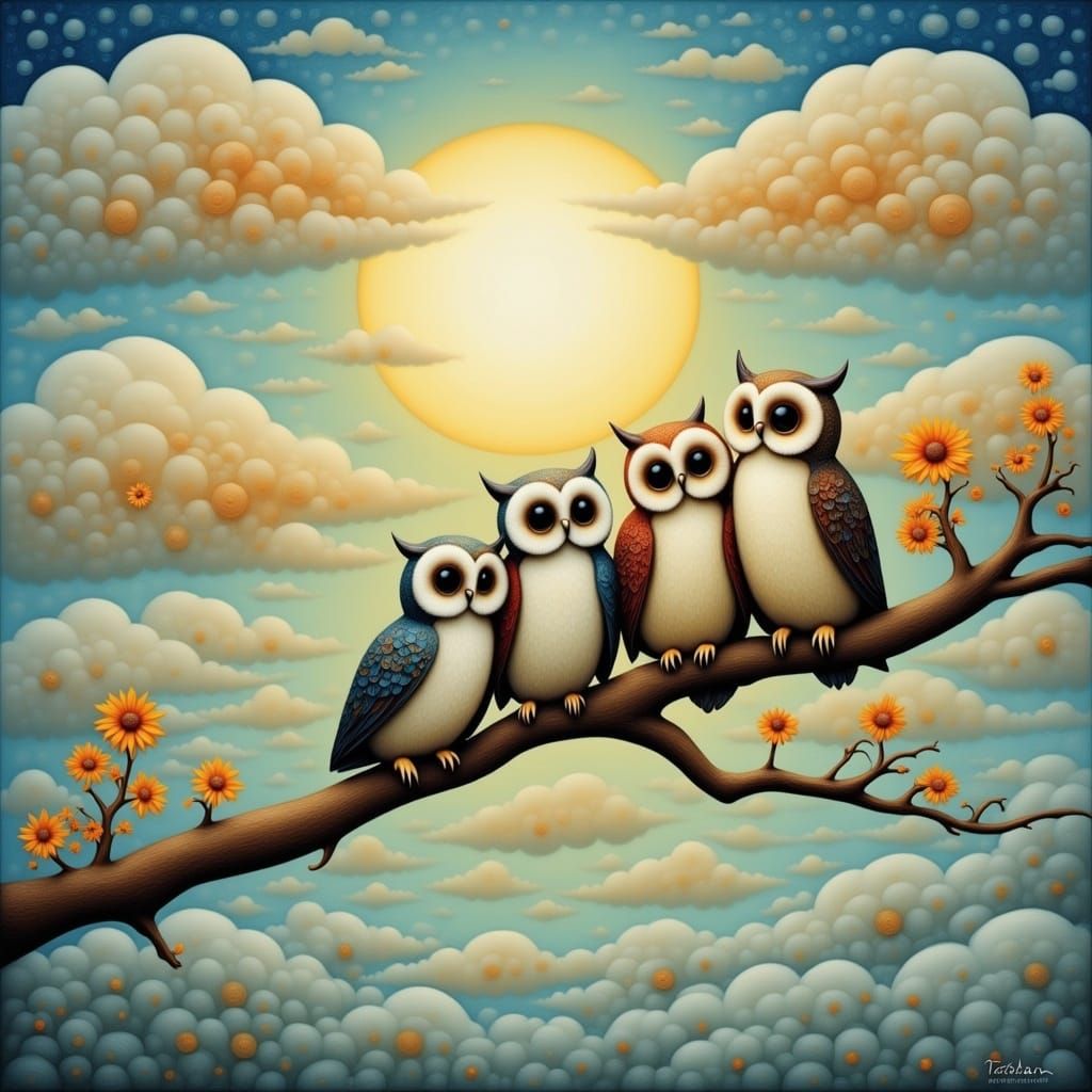 <lora:Flux Surreal ArtBrut:1.0> Owls flying mid air fluffy clouds