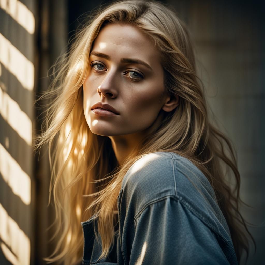 Moody, Golden-Lit Teenage Girl in High-Contrast Cinematic Ba...