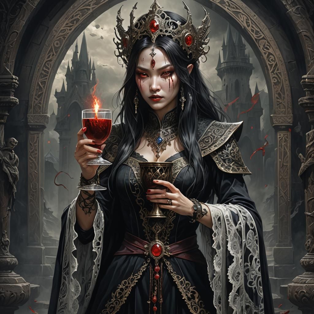 Chthonic sorceress holding a goblet of blood, Stygian, Phant...