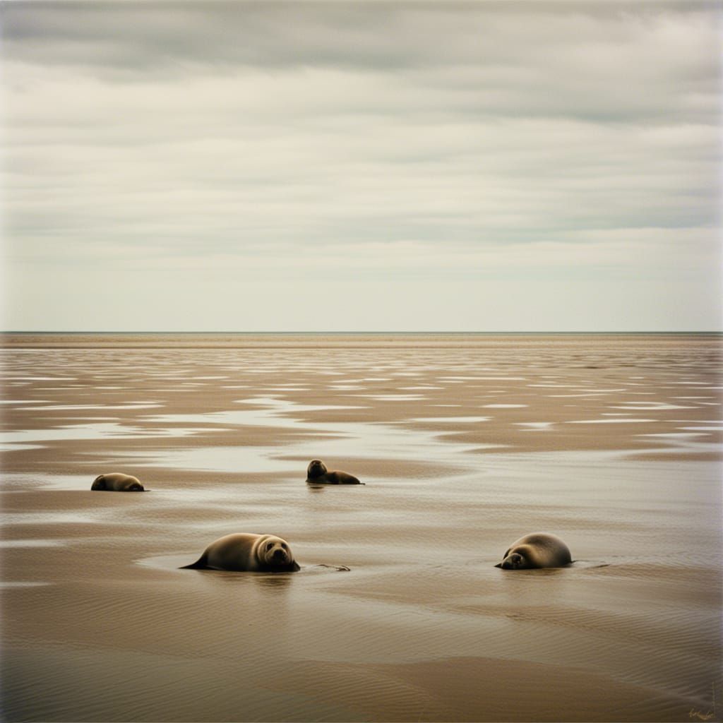 "The Bay of Somme  with a three brownish seals in the distan...