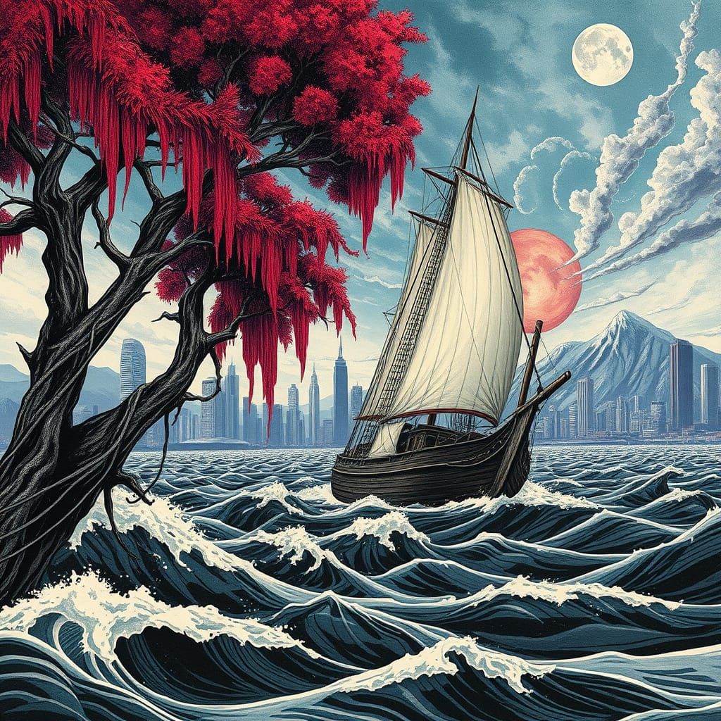 Ethereal Vessel Navigates Dreamscape in Hyperdetailed Charco...