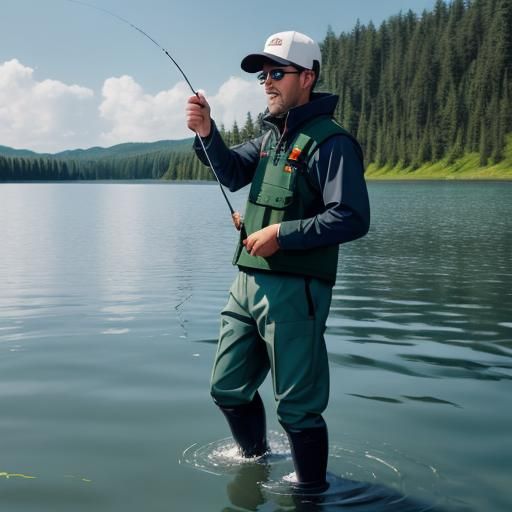 standing deep in the middle of the lake water ,with rubber b...
