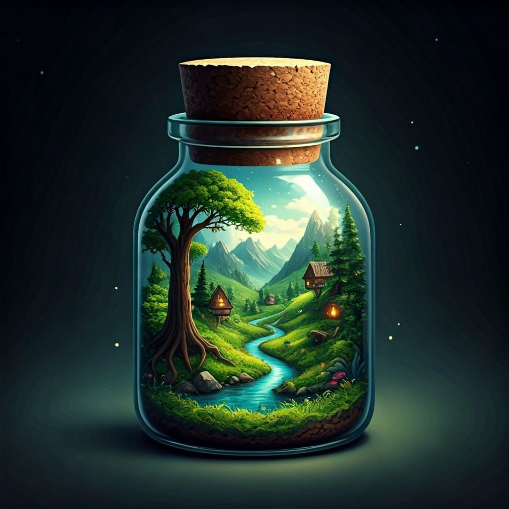 Whimsical Miniature World in a Glass Jar, Filled with Emeral...