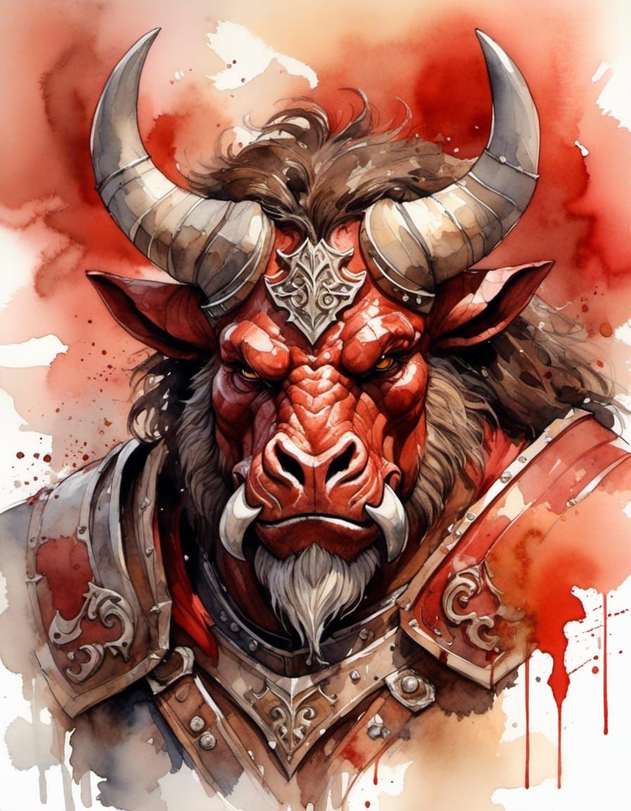 <lora:Inhuman:1.0> waist up portrait heroic fantasy Minotaur paladin with the word "DIADES" above it, brown fur, divine red and white armour...