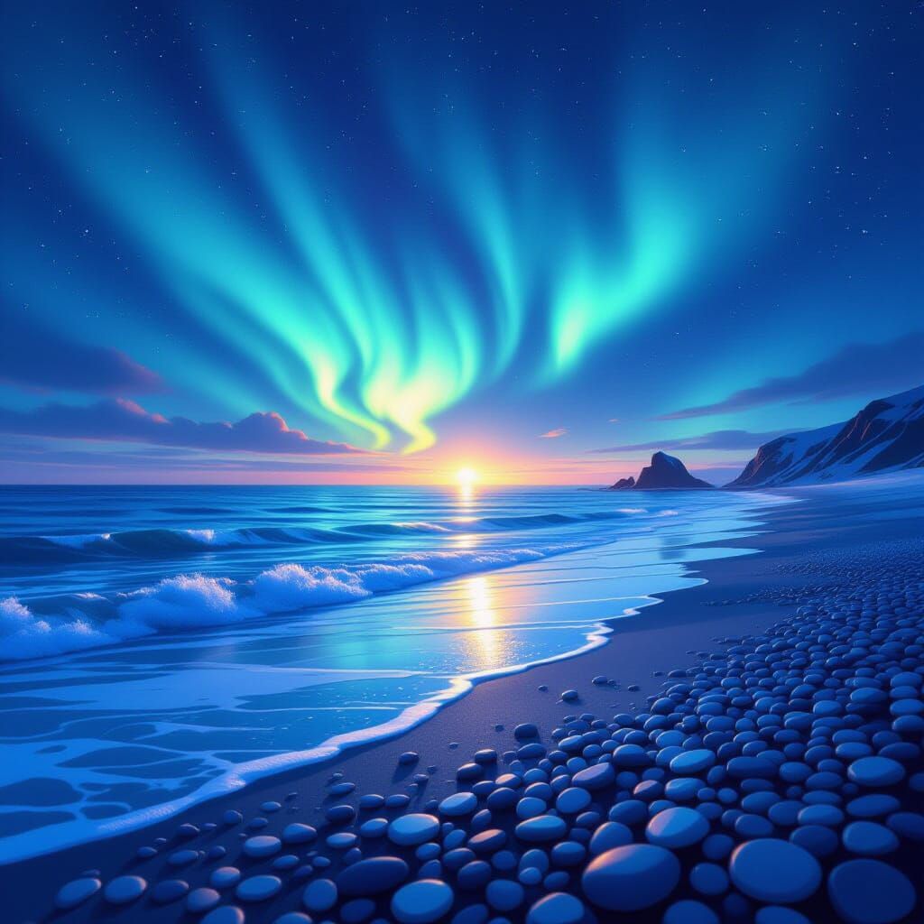 A vast, serene ocean under a sky filled with swirling aurora borealis. Gentle waves lap against a shore ...  by @Hidden_Phantom