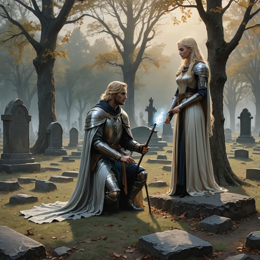 lonely male knight without a helmet kneeling near a grave si...