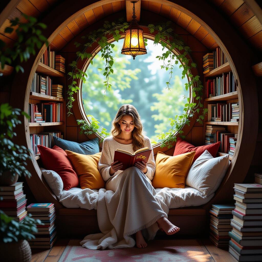 A cozy reading nook in a tree house, 