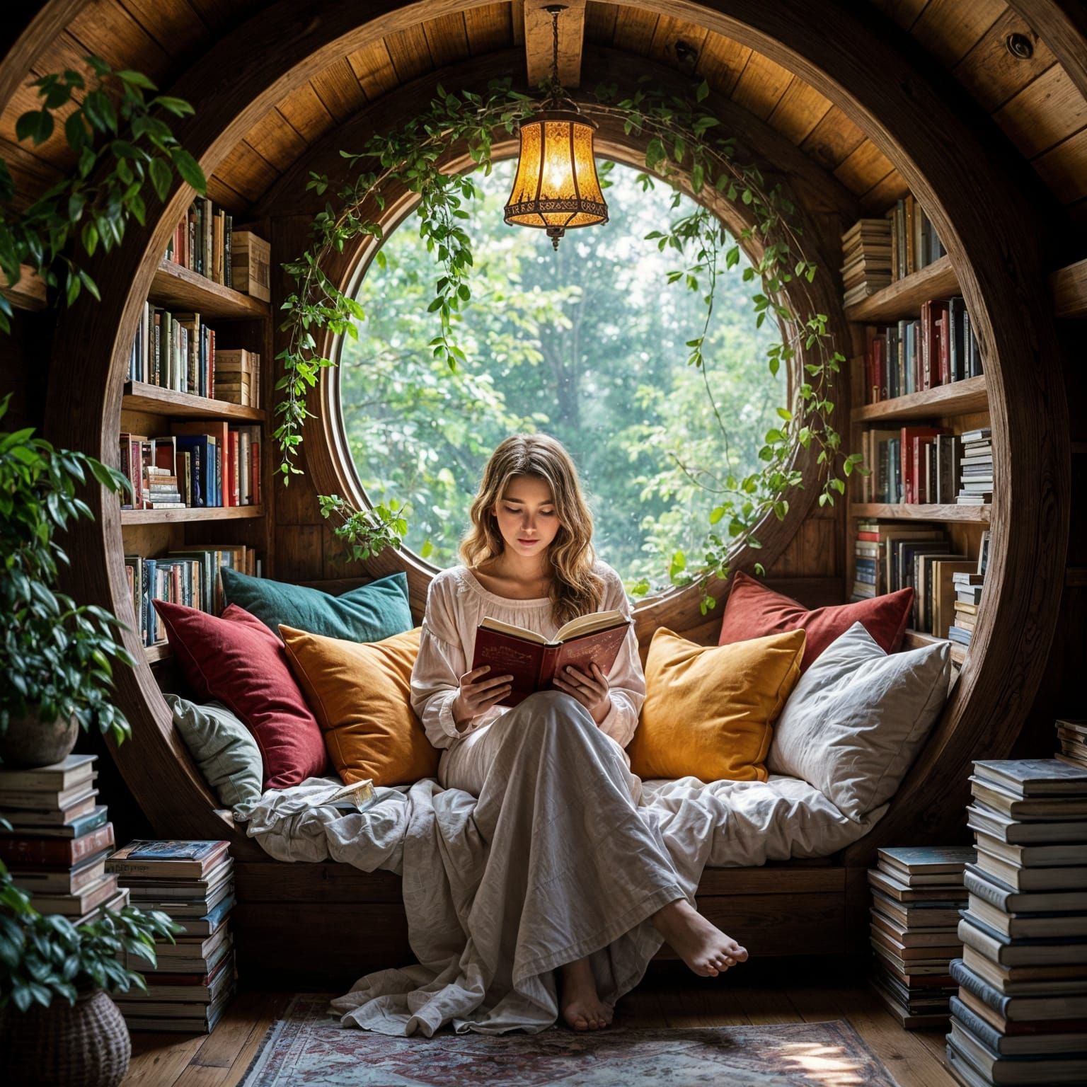 A reading nook in a tree house,   by @Tilted25