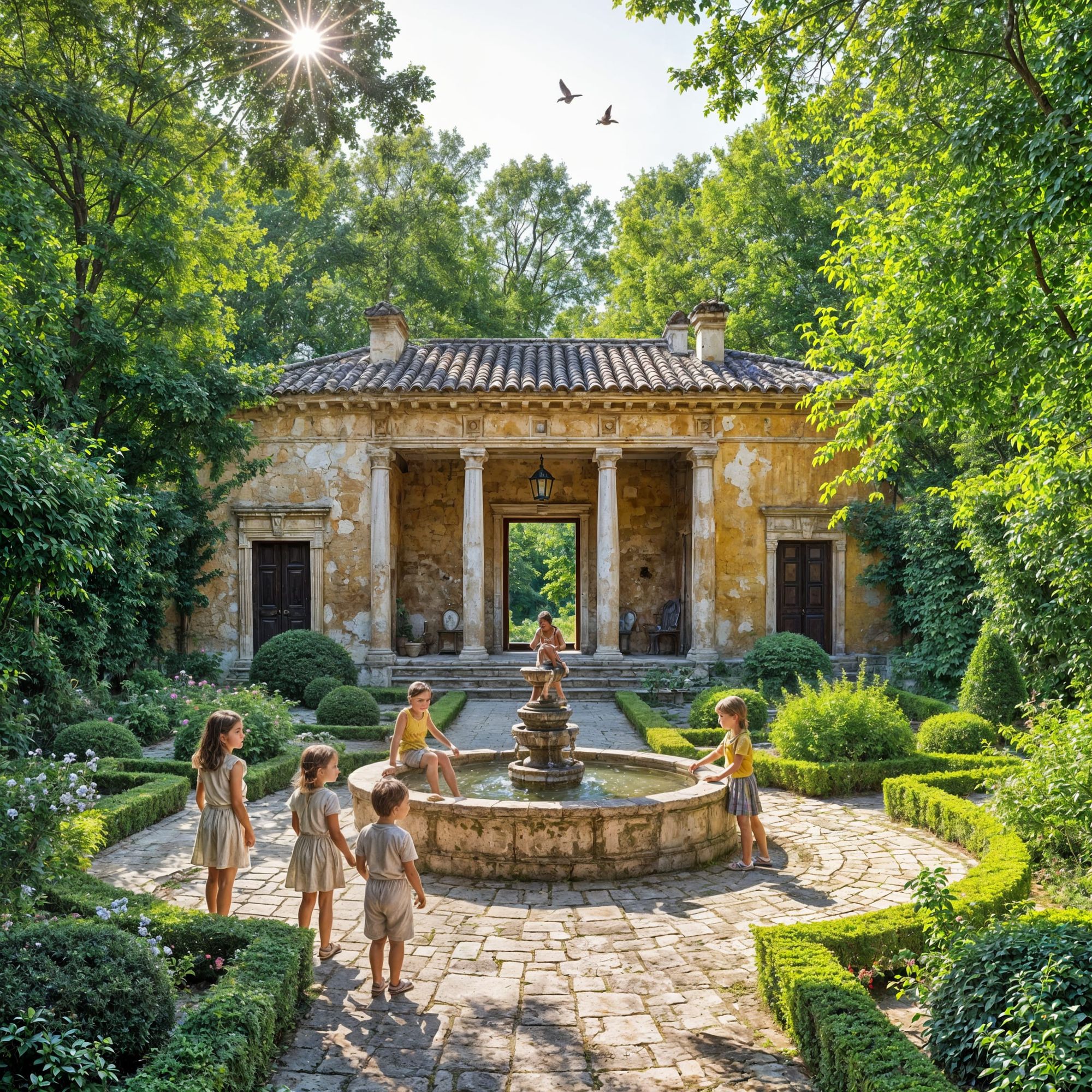 Domus Aurea in the beautiful garden with a little well in the center of it. Sunny day with children and birds are flying.