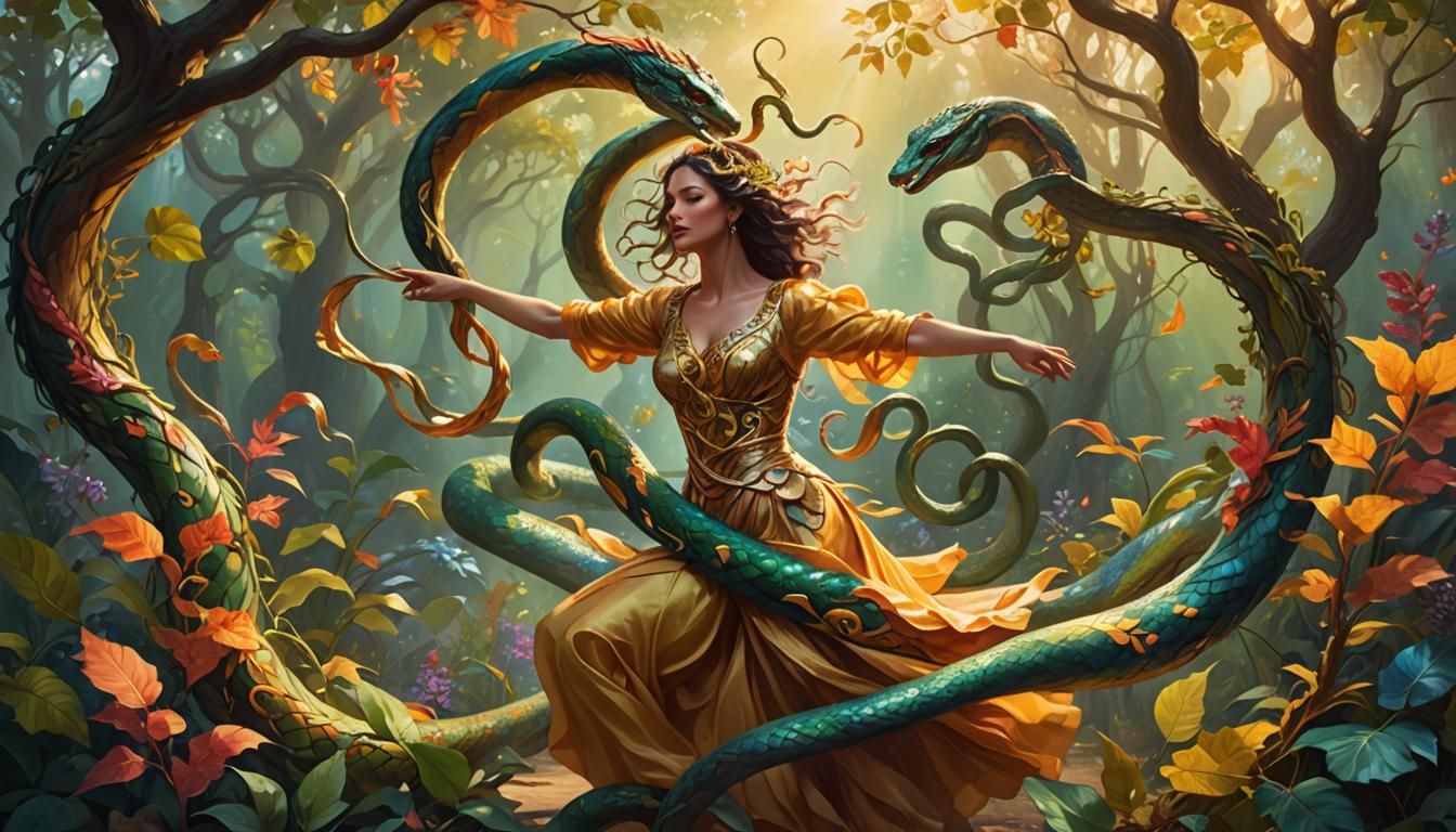 Serpent Dancer: Illustrate a human figure dancing in sync wi...