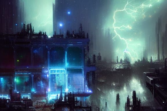 Electric storm in Galactic nebula marketplace atrium full of...