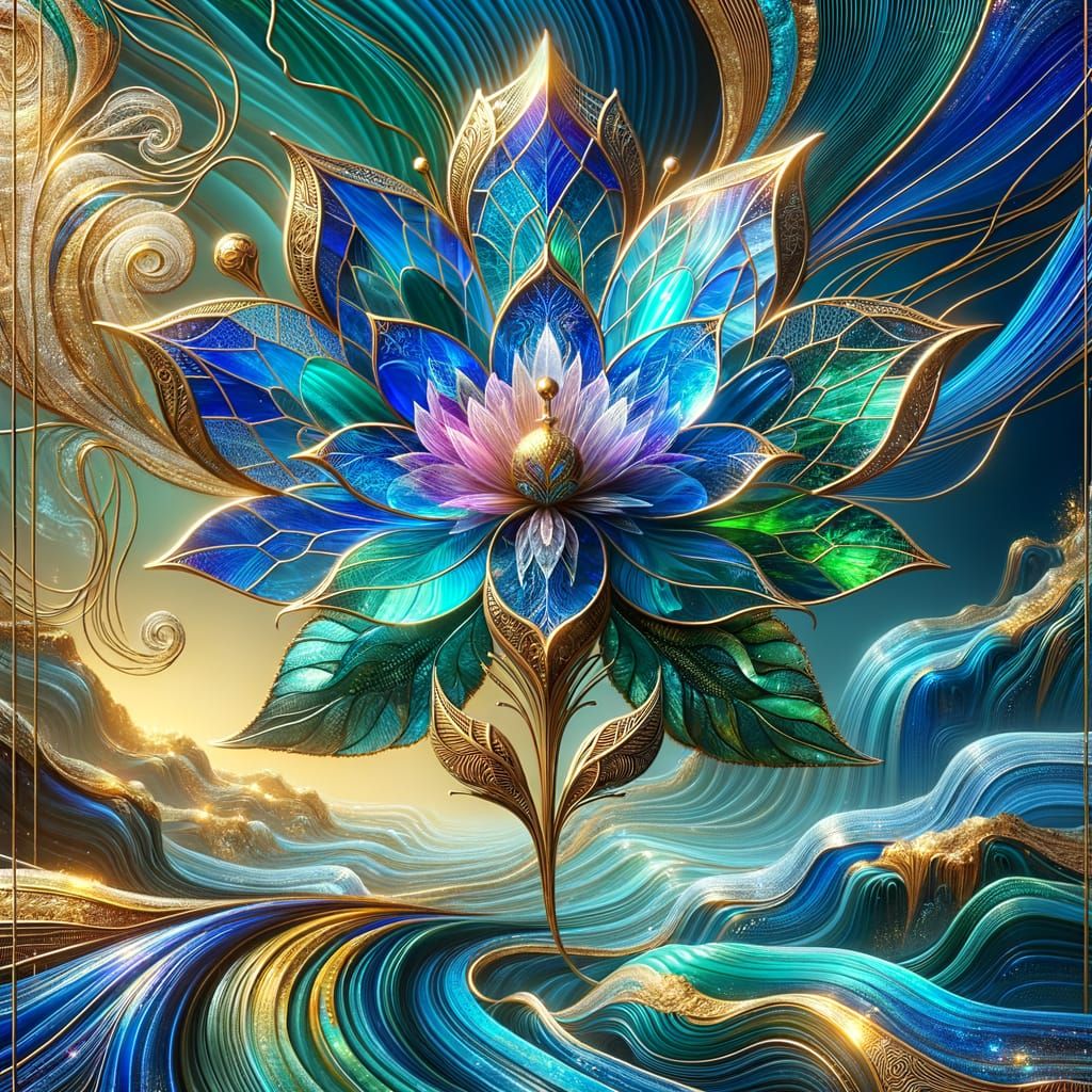 photo style: a fantastic crystal flower with transparent petals in blue green and purple and gold outlines, ...  by @ΕΥΤΥΧΙΟΣ ΦΡΑΓΚΙΑΣ