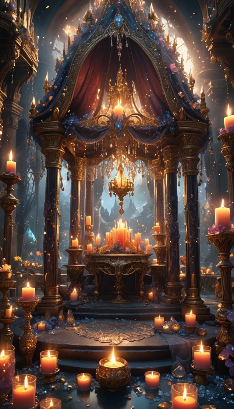 A fantasy scene with numerous transparent crystals, candles ...