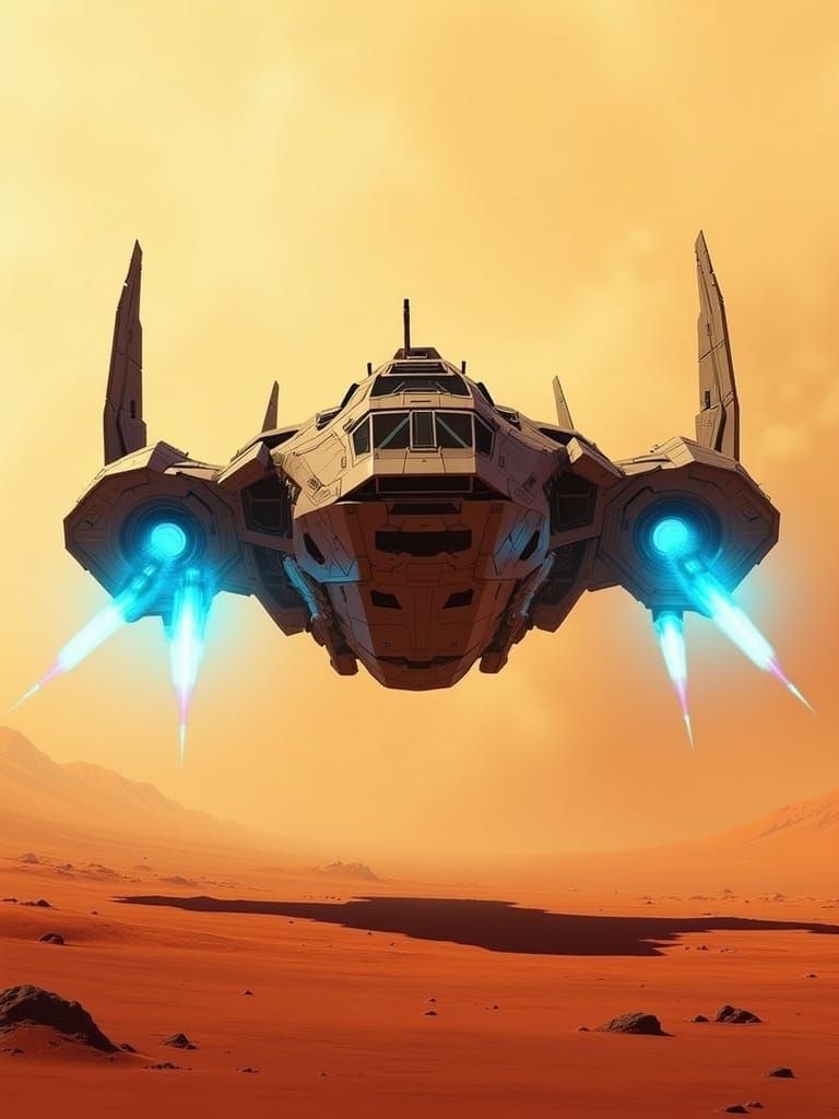 <lora:Astronavis:1.0>8k, cel shaded close-up head-on view of large cruiser starship in the style of Chunhui Chang, landing on a desert plan...