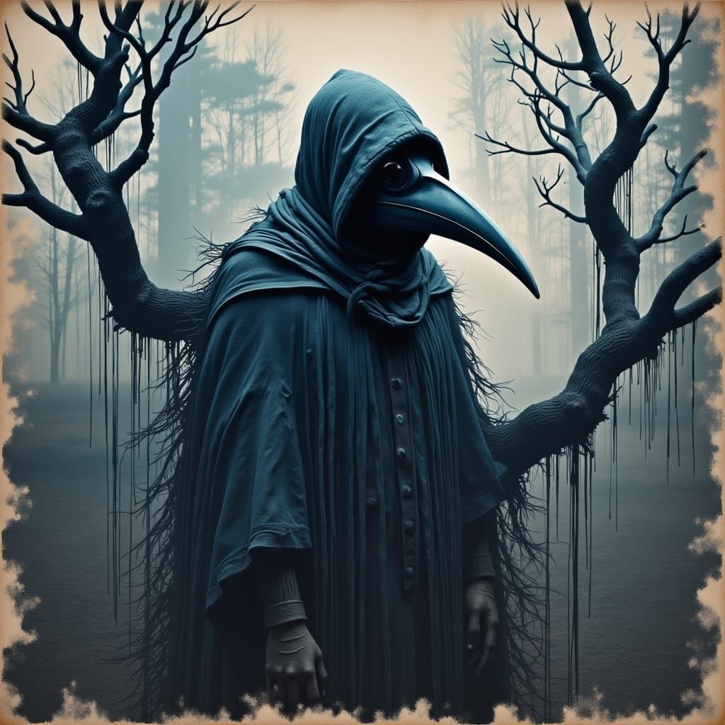 Plague Doctor moody, modern texturized, ombré, style of Cy Twombly  Ana Paula Hoppe Illusion woodsplash  double exposure <lora:Baffled Fluxe...