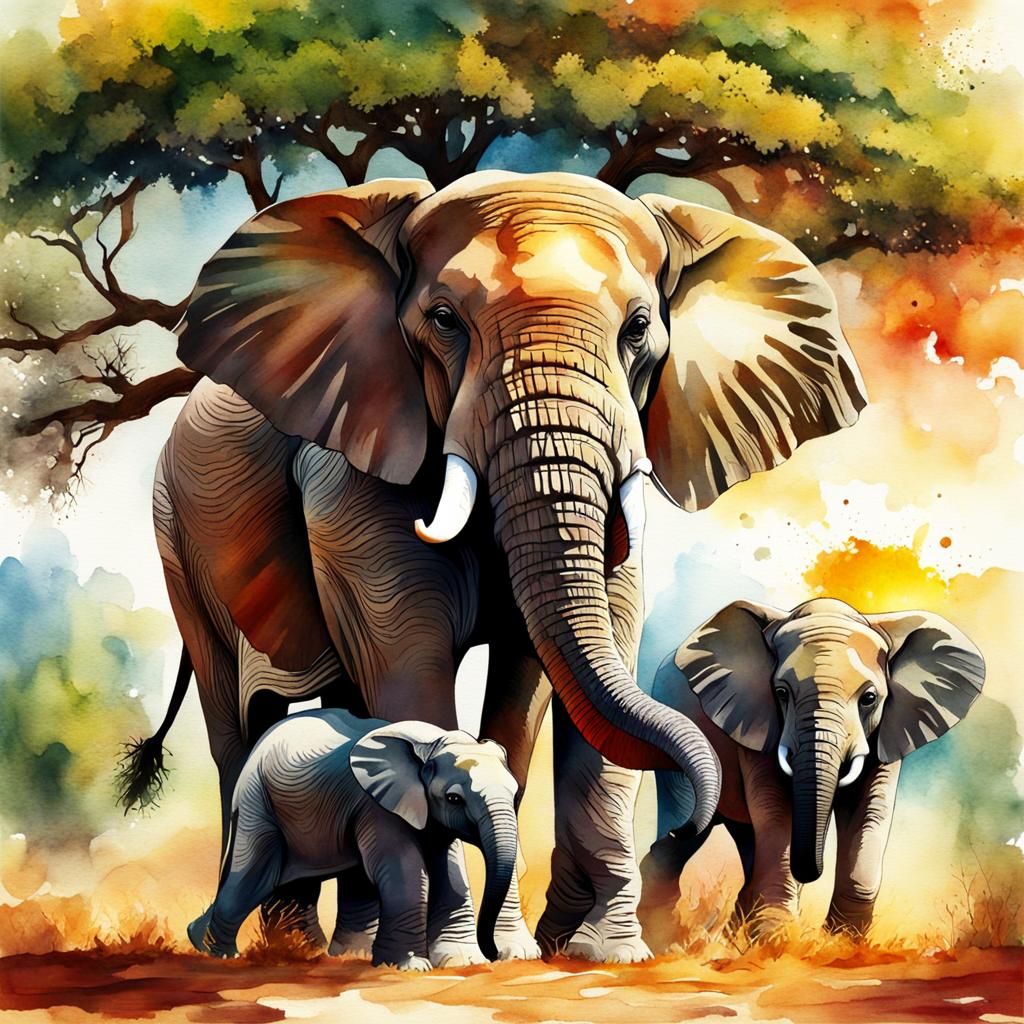 Majestic elephants, family, boabab tree, water color, bright...