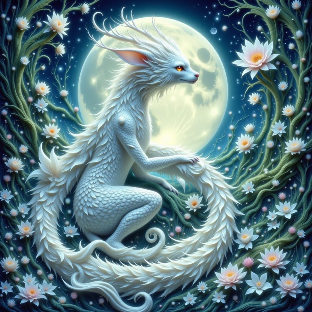 Dragon Safeguarding Moonlit Grove in Art Nouveau Style