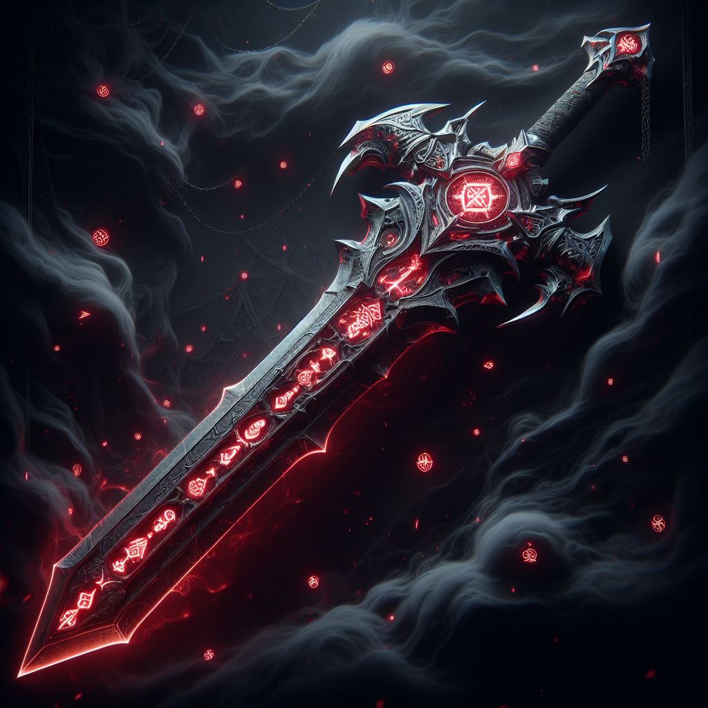 Colossus sword for the darklord, with an eerie glow to the crimson red runes, in color black, adorned with crimson red r...