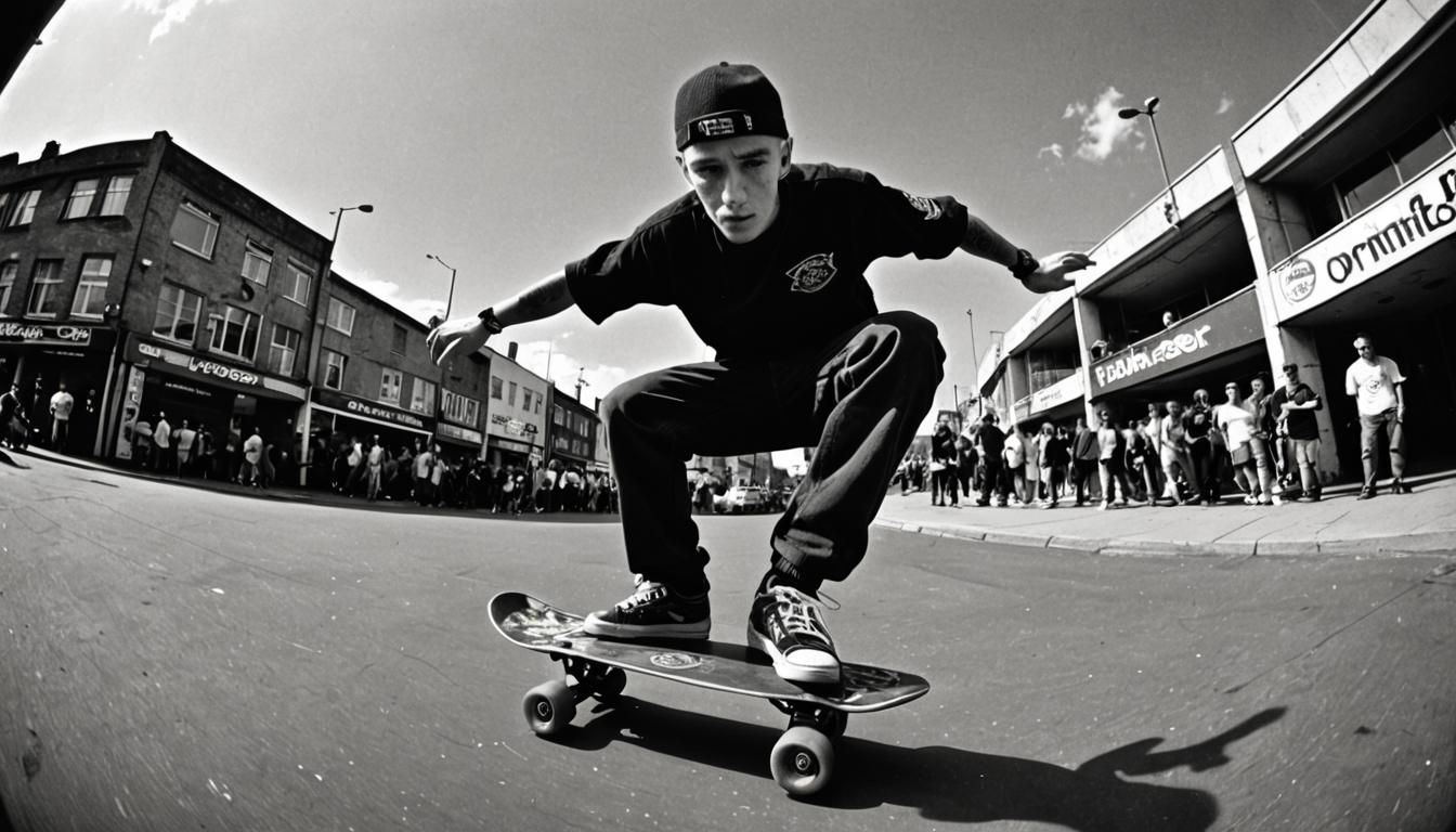 skateboarder performing urban street stunts
