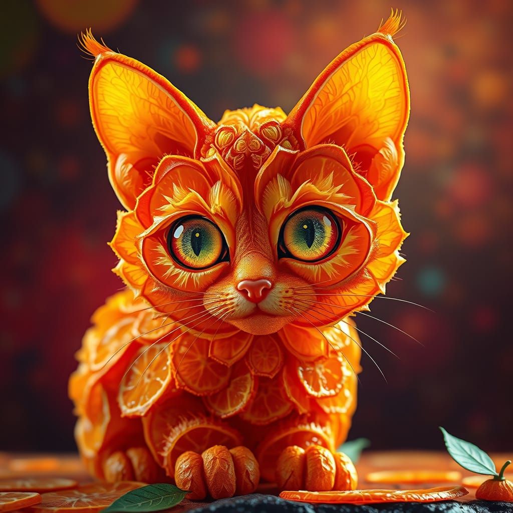 Orange fruit kitten, made out of orange peels and slices, with big multicolored colored eyes  by @HermionieSheHulkNinja
