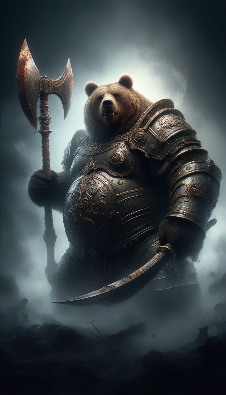  An obese Kodiak Bear clad in ornate Victorian armor, wielding a massive battle axe, stands defiantly on a fog-shrouded battlefield. The bea...