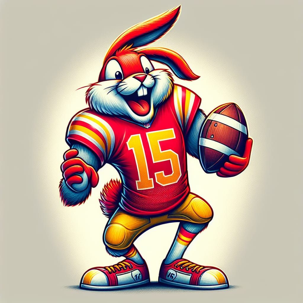 Cartoon Easter Bunny wearing a Kansas City Chiefs #15 footba...