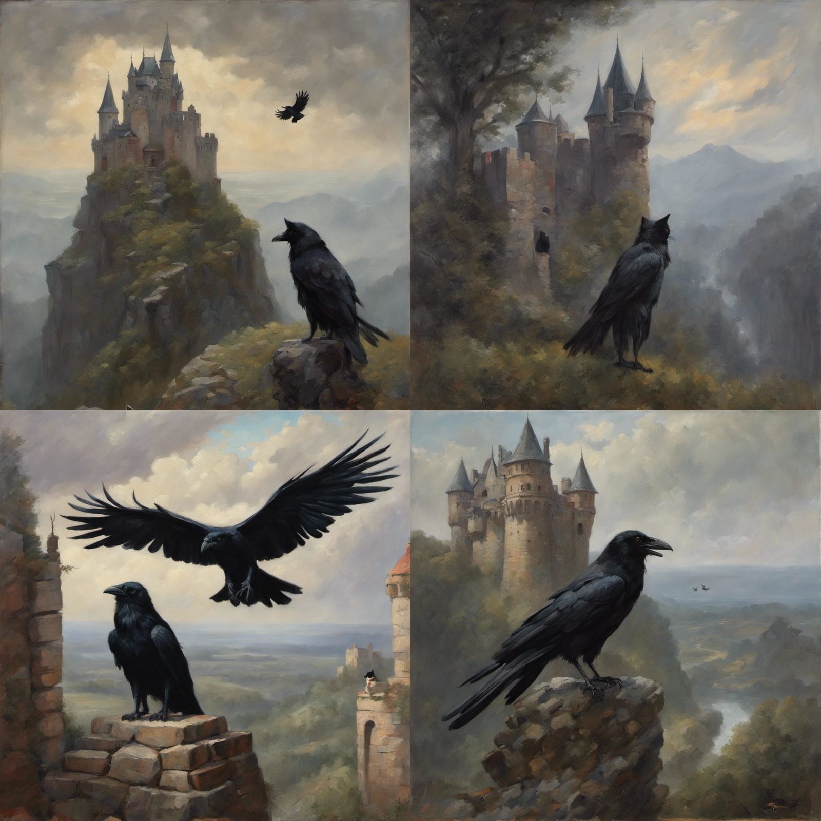 black cat roaming a castle, many ravens, misty, oil painting by James