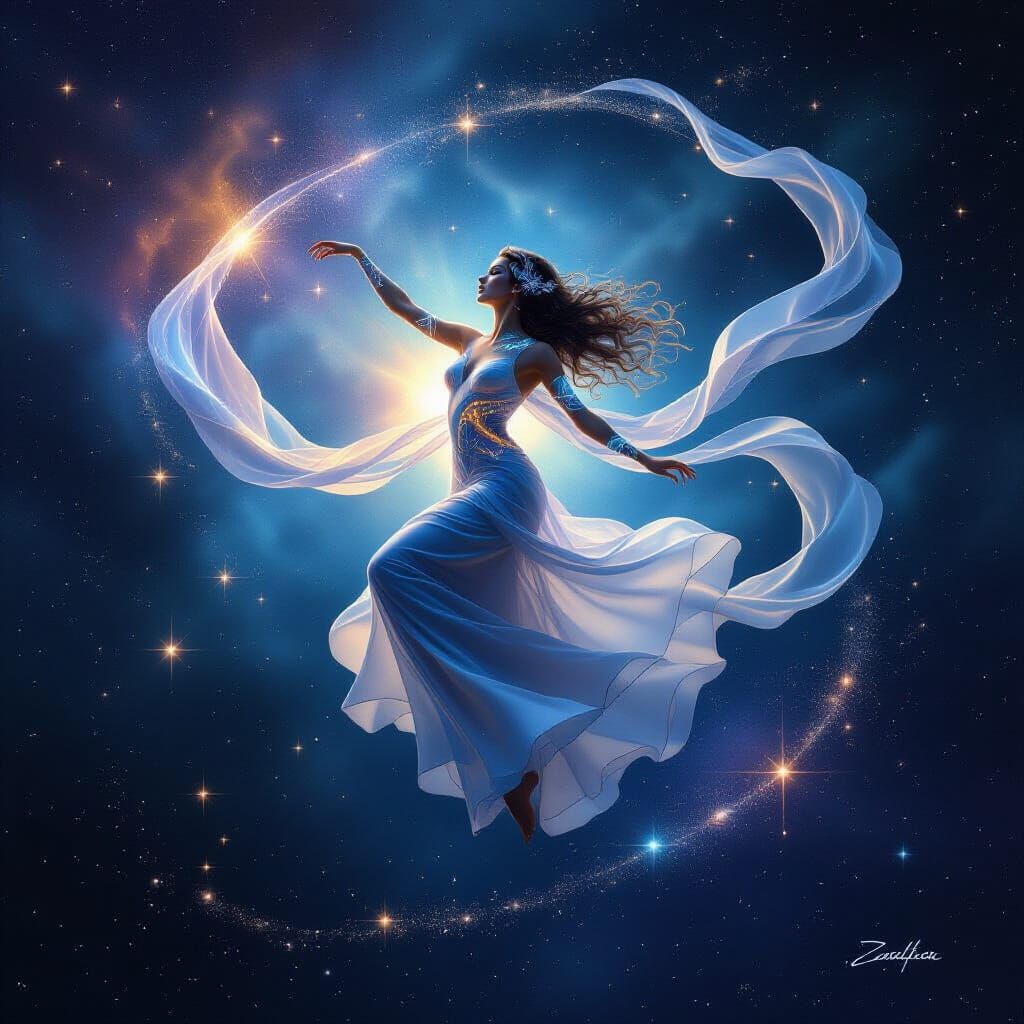 celestial dancer spinning in mid-air, her movements creating ribbons of stardust and constellations, galaxy sky, shimmering cosmic dust arou...