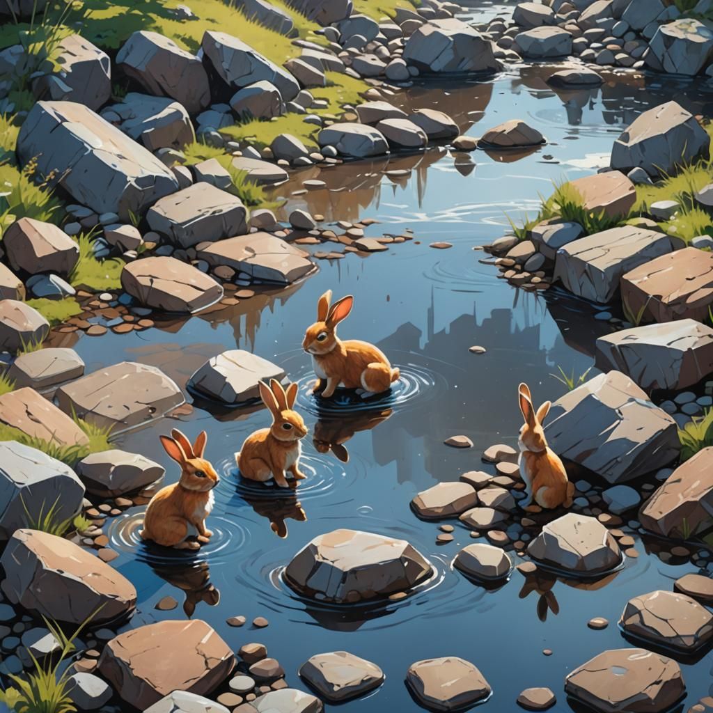 Rabbits in Berets Jumping in Puddles