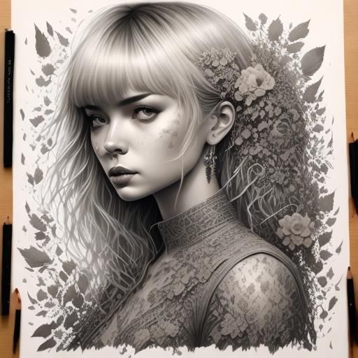 <lora:Heug-Yeon Migseu RPG:1.0>, A highly detailed graphite portrait of a girl with short blonde hair and bangs. Her long hair cascades down...
